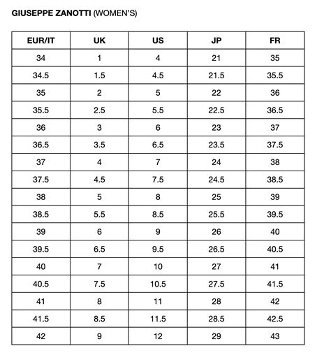 giuseppe zanotti shoe size chart.